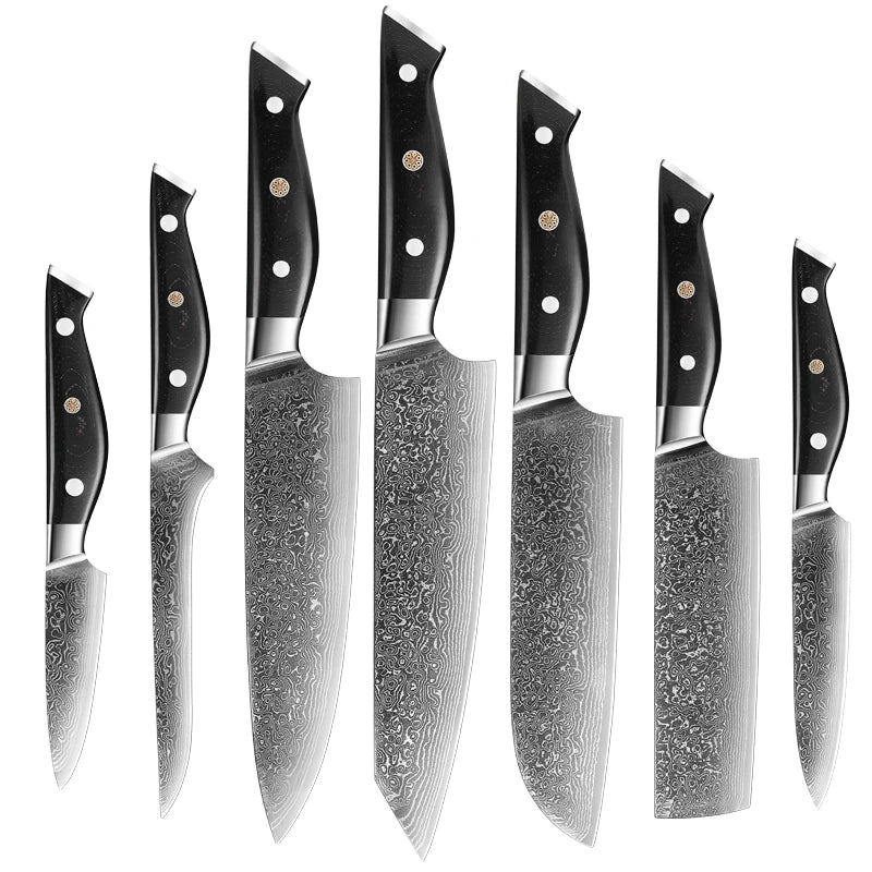 7-Piece Kitchen Knife Set Micarta Handle Damascus Steel Chef Kiritsuke Santoku Nakiri Boning Utility Paring Knife Carbon Steel