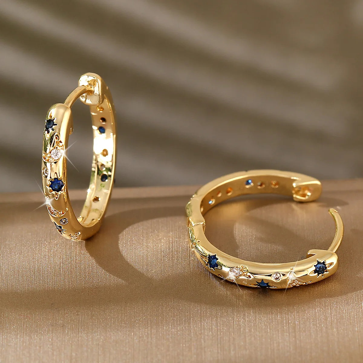 Classic and Trendy Gold Plated Hoop Huggie Styles Gift for Women Moon Stars Set Rhinestone Earrings