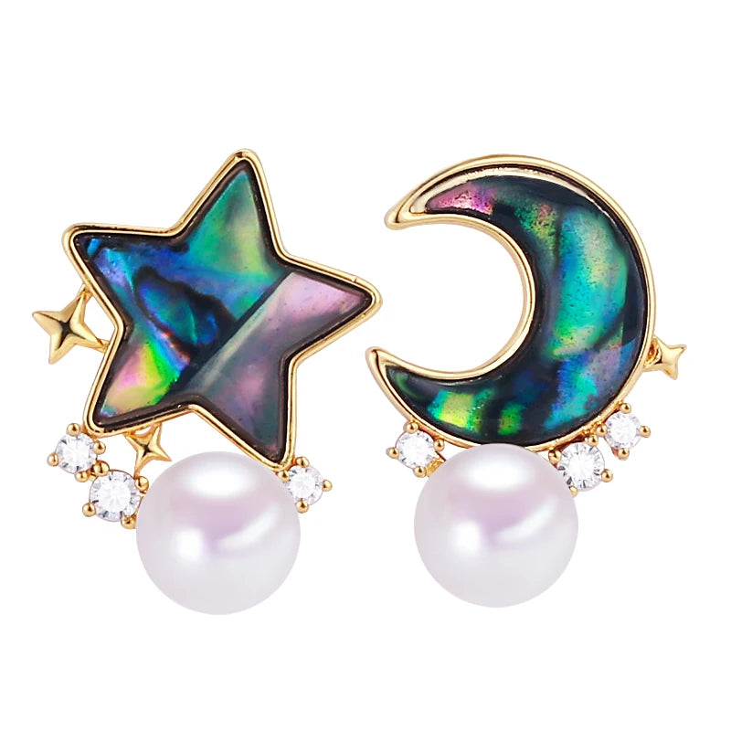 S925 Silver Needle Star Moon Abalone Shell Pearl Jewelry Natural  Freshwater Pearl Stud Earrings
