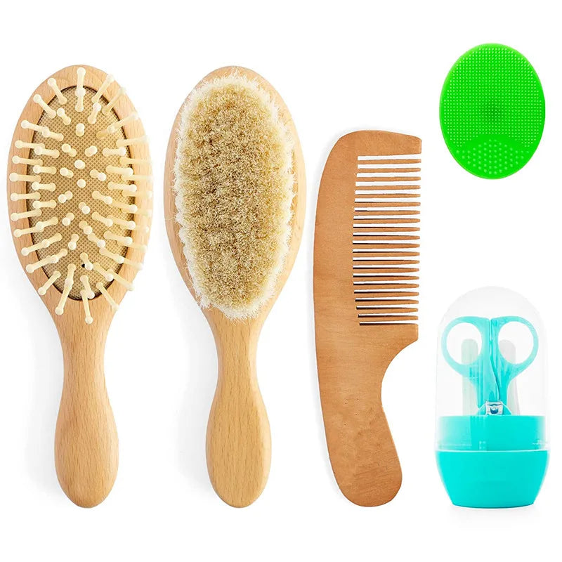 Wholesale 5PCS Natural Eco Bambo Goat Bristle Silicone Bath Brush Wood Newborn Shower Baby Hair Brush and Comb Set