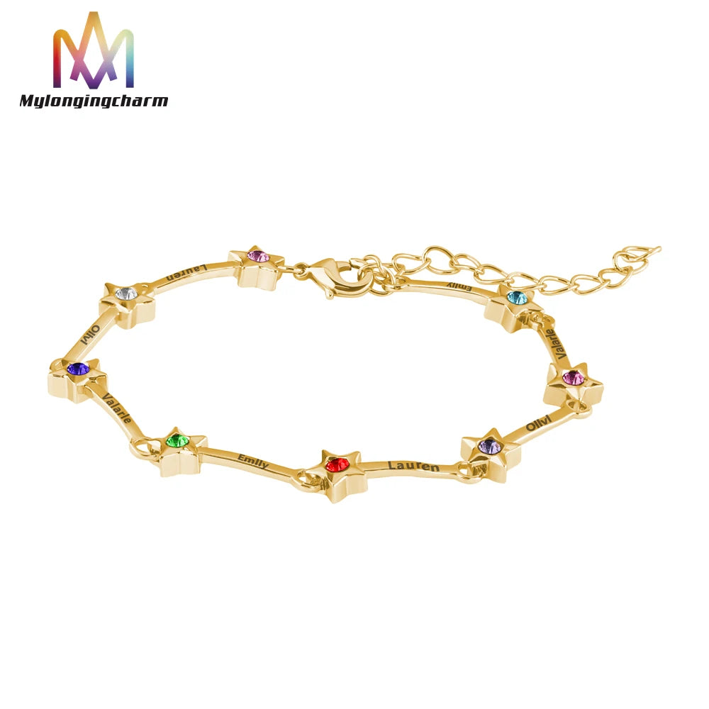 New Arrival Birthstone Decor Engrave Name Bracelet Dainty Stainless Steel Diamond Star Bracelet Women
