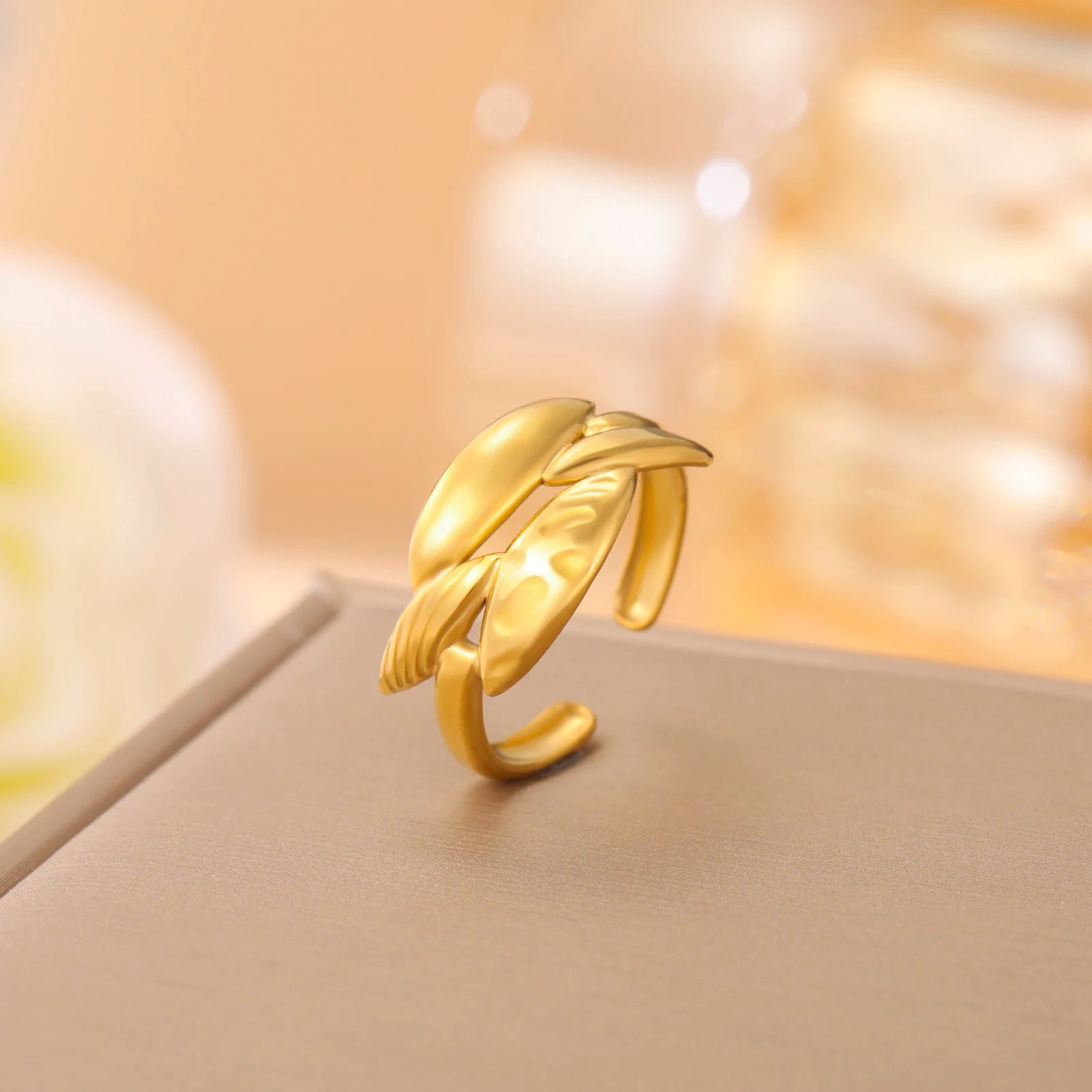 Trendy Stainless Steel Finger Ring for Women Gold Color Adjustable Leaf Ring Jewelry Gifts for Girls