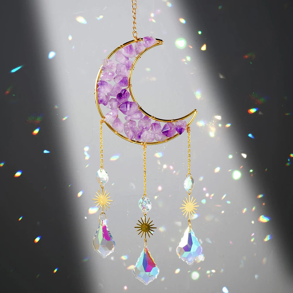 Wholesale Crystal Crafts Amethyst Gravel Moon Shape Crystal Wind Chime for Home Decoration