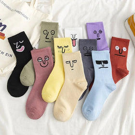 Spring and Autumn Jacquard Personalized INS Funny Expression Student Pure Cotton Men's Mid Length Socks