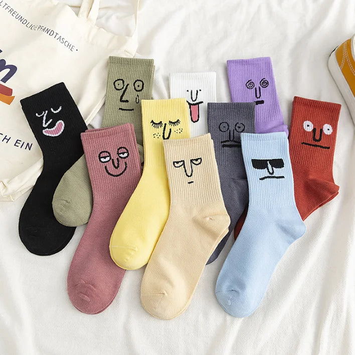 Spring and Autumn Jacquard Personalized INS Funny Expression Student Pure Cotton Men's Mid Length Socks