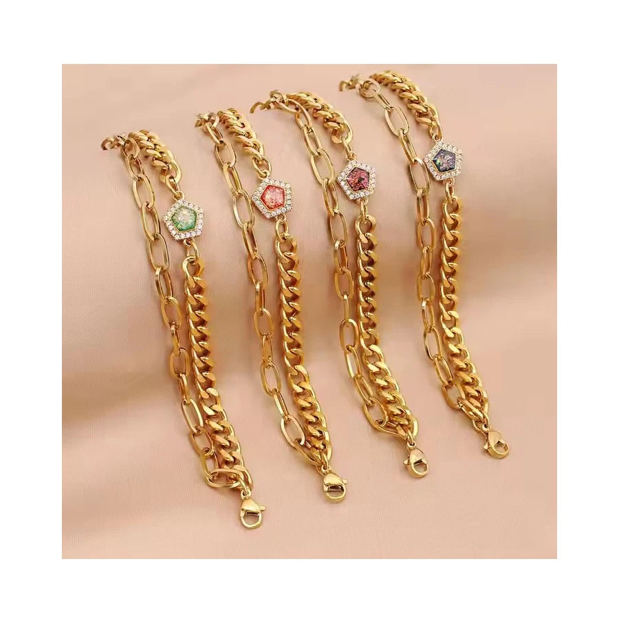 Trend Double Layer Stainless Steel Bracelets Exquisite Pentagon Diamond Gold Color Link Chain Bangle Bracelet for Women