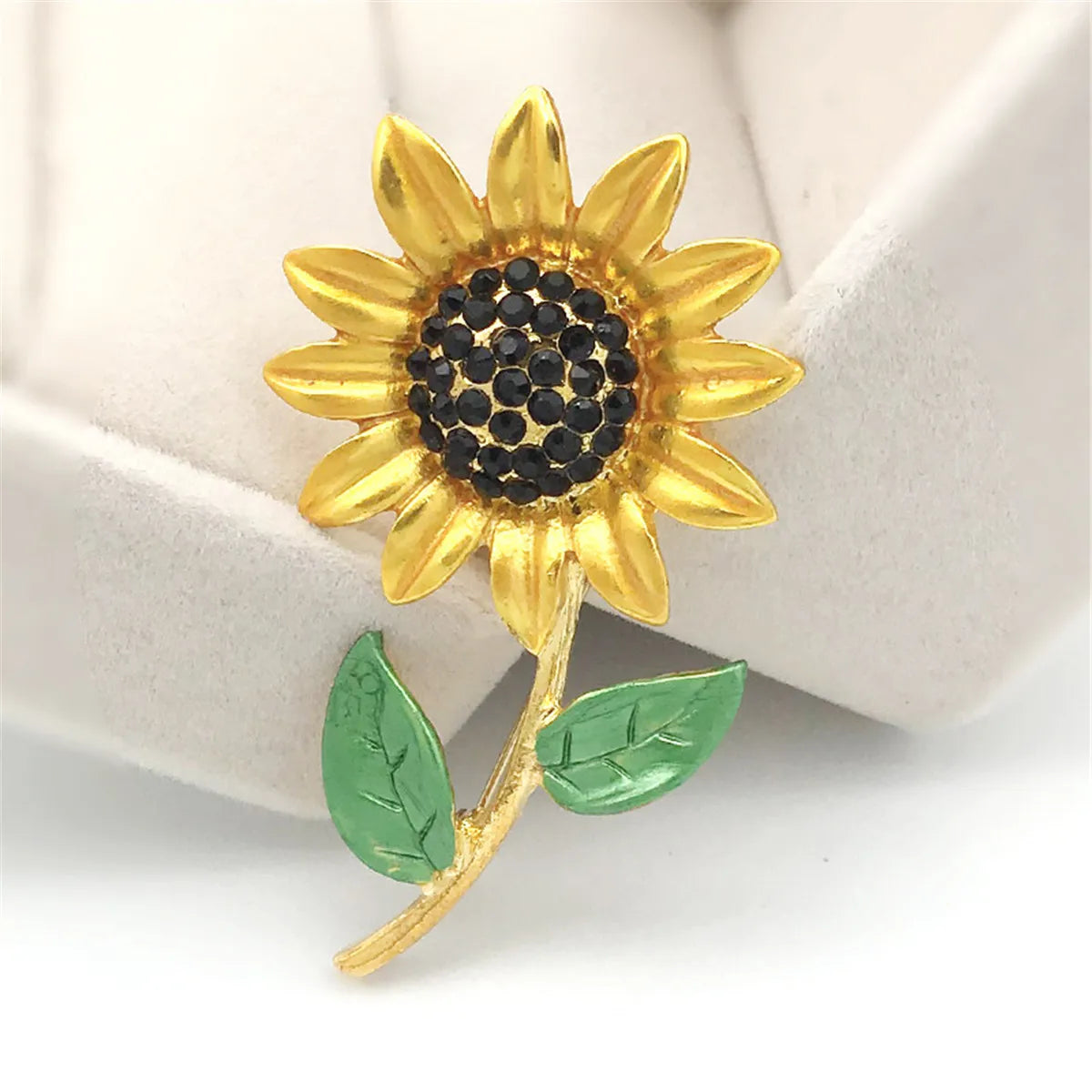 Beautiful Enamel Rhinestone Sunflower Green Leaf Clothes Flower Brooch Pin Lapel Women Jewelry Gift