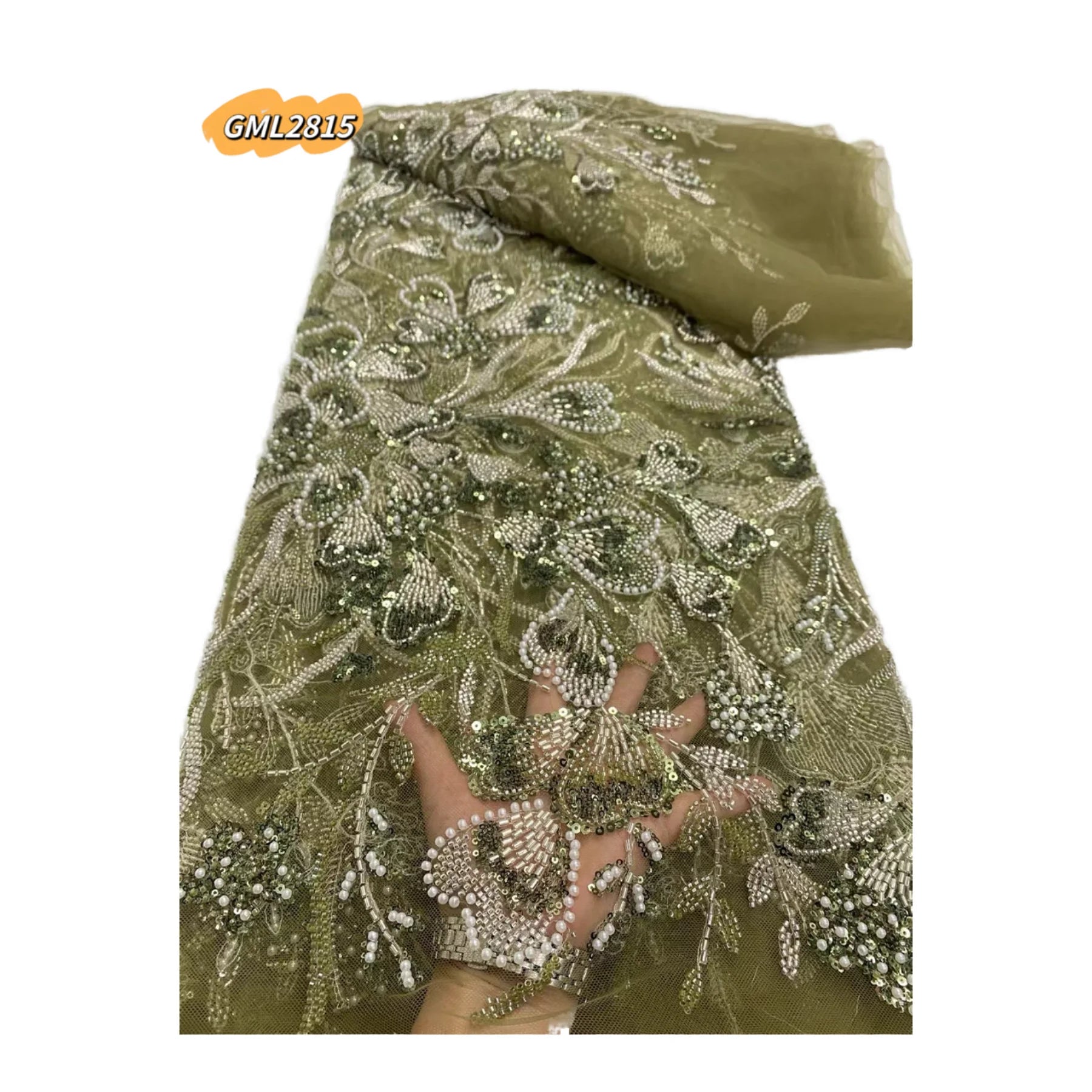 3D Beaded Leaves French Lace Fabric Eco-Friendly Shiny Beads Embroidered Tulle Mesh Shiny Beads Embroidered Tulle Lace Fabric