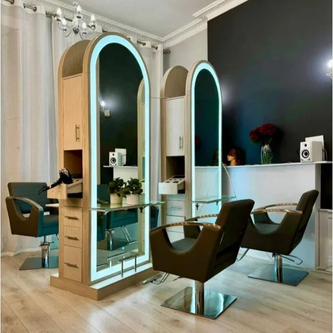 New Design Gold Arched Barbershop Mirror Station and Chair