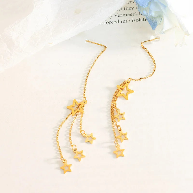 High Quality Women Tassel Stainless Steel Gold Plated Long Chain Star Dangle Earring Jewelry