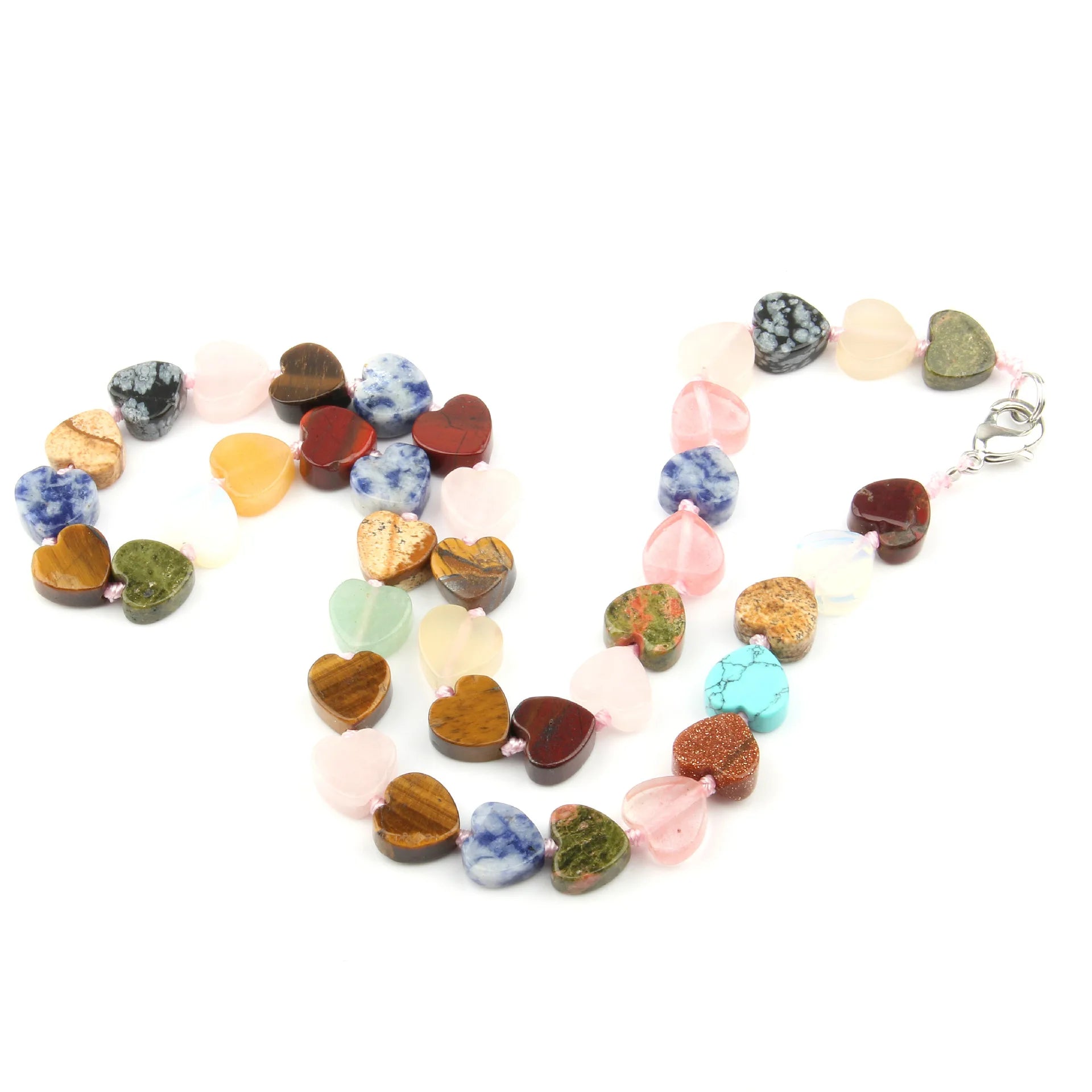 Wholesale Heart Shaped Stone Beaded Necklaces Jewelry Healing Crystal With Alloy Findings Length 42cm 16.5"