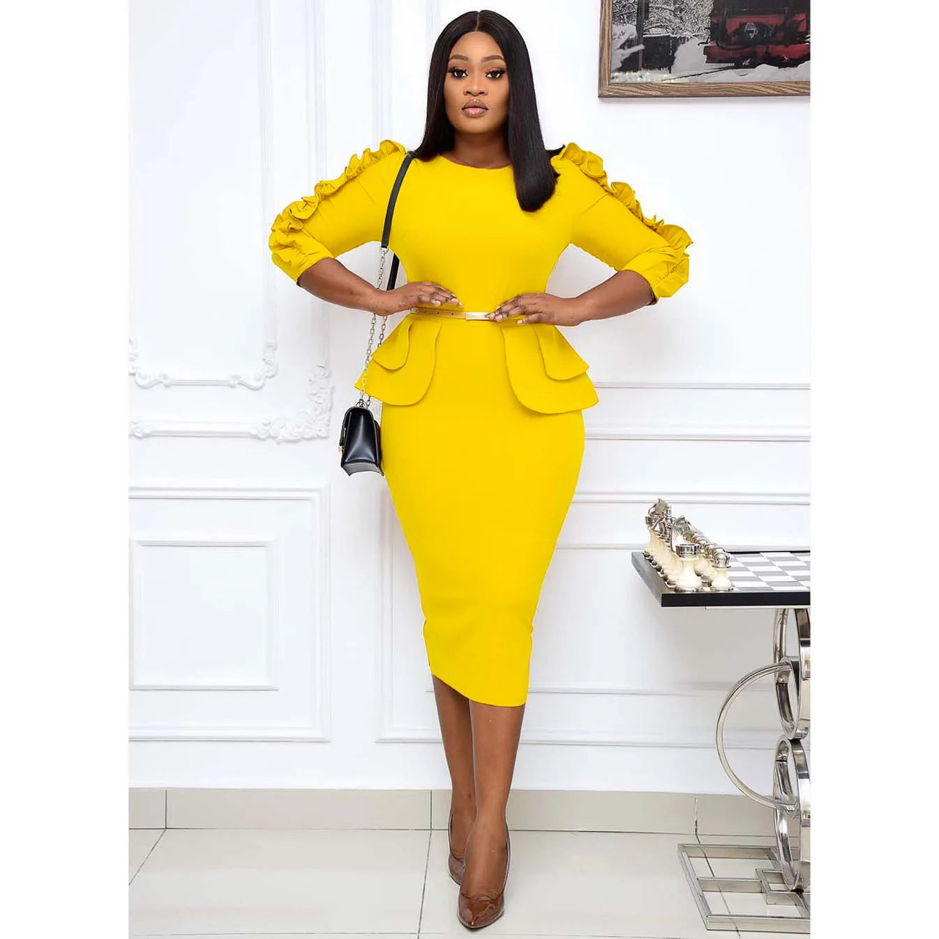 Autumn Winter Vintage Ruffle Long Sleeve Commute Plus Size Midi Career Dresses Women Pencil Wrap Dress