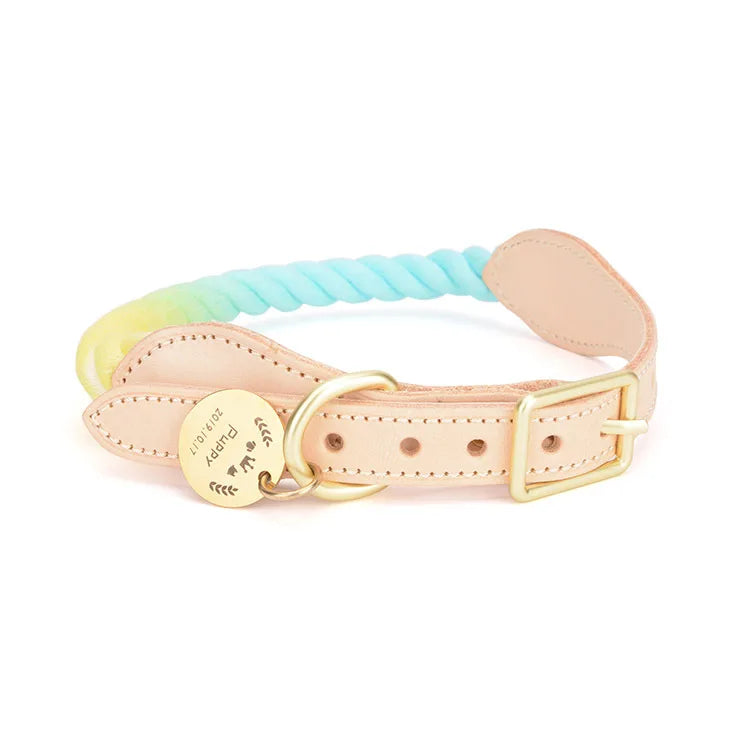 Custom Logo Dog Collar Set Weave Gradient Rainbow Pet Collars Leashes Braided Leather Hemp Dog Collar