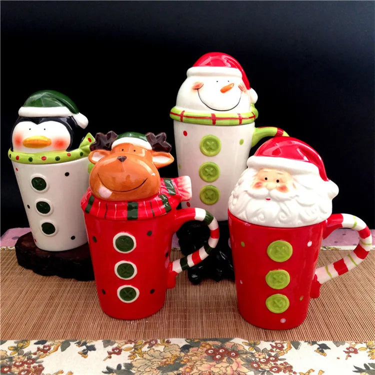 Cheap Large Ceramic Christmas Themed Santa Claus Penguin Reindeer Mug With Lid for Sale