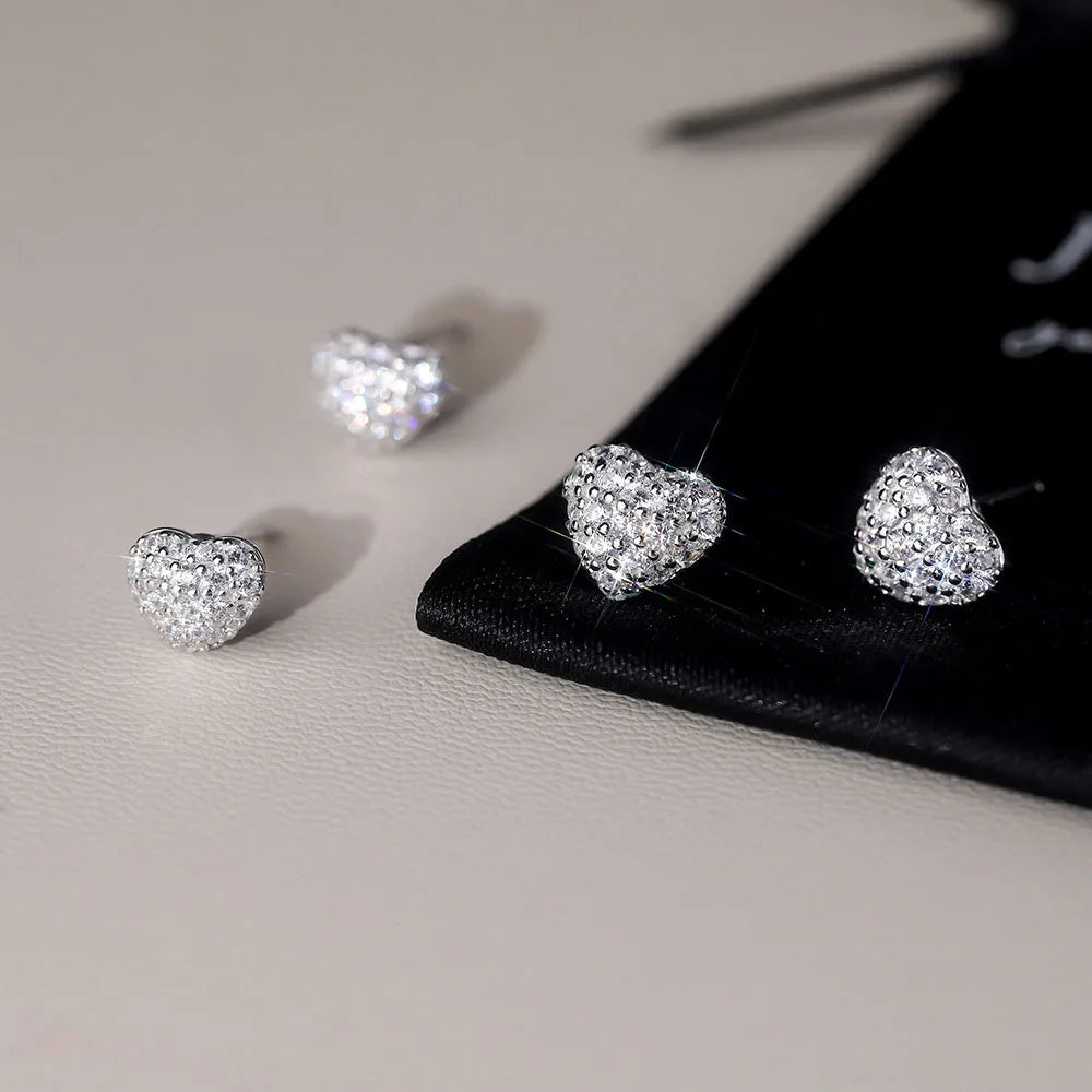 Korean Style S999 Sterling Silver Full Zirconia Heart Stud Earrings Versatile Trendy for Women Jewelry Accessories YB-XY-588