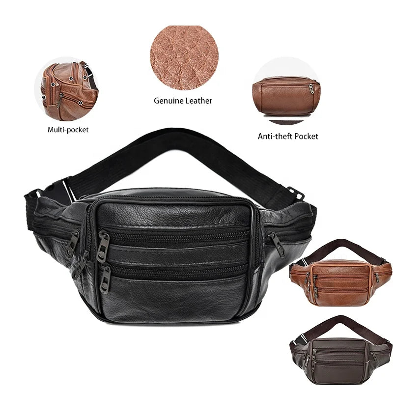 Mens Black Leather Hiking Travel Pouch Purse Belt Unisex Composite Cowhide 7 Pockets Funny Pack Waist Bag