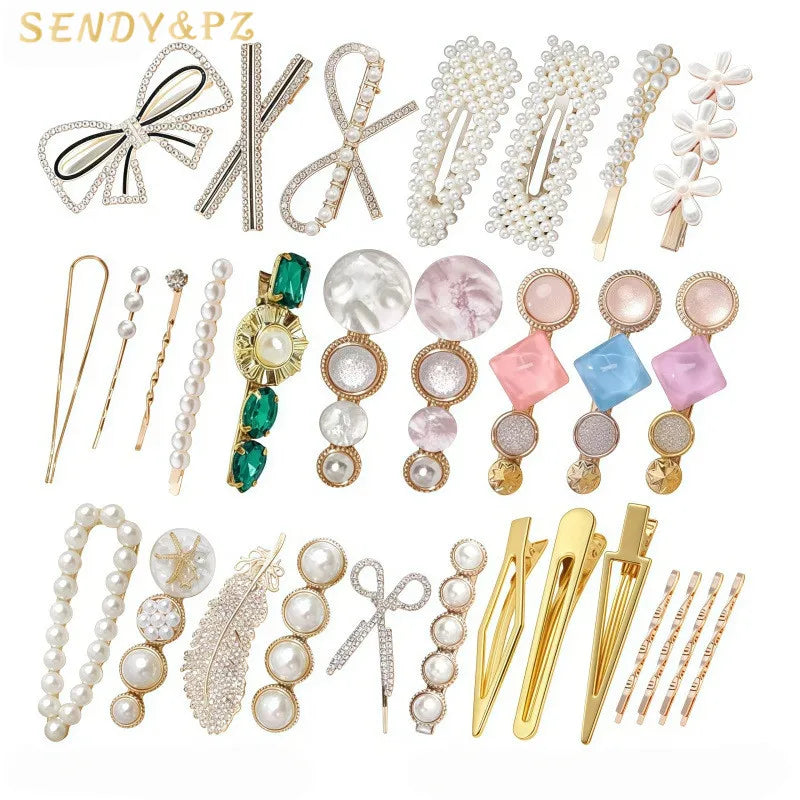 Pearl Straight Hair Clip Acrylic Acetate Gemstone Hairpin Set Hair Accessory European and American Metal Hair Fork Combination