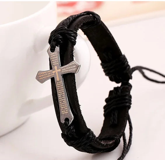 Epsilon Custom Bible Verse Christian Bracelet Cross Bracelet For Men Leather Metal Leather Bracelet Bangle