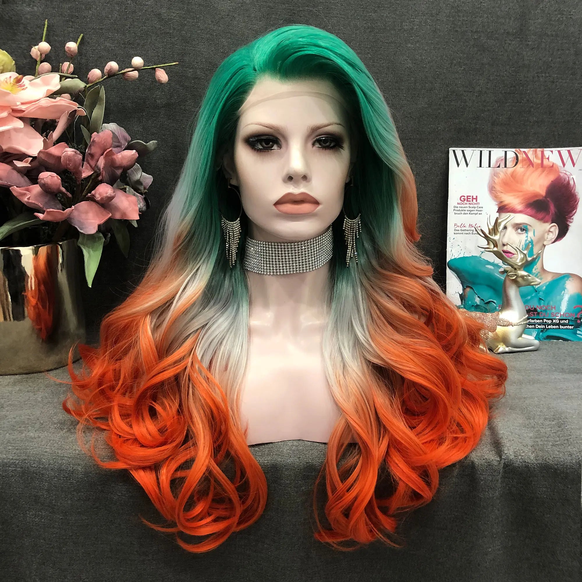 Celebrity Wig  New Designed Ombre  Green Orange Color Daily Life Wearing Futura Henlon Fiber Synthetic Lace Front Wigs