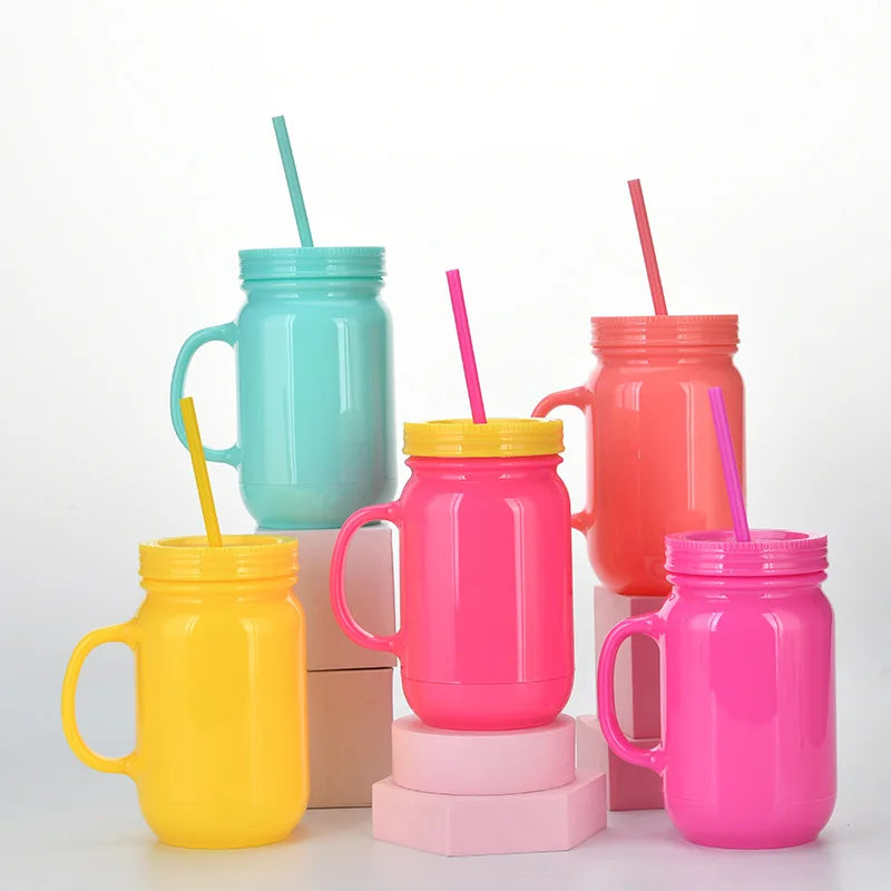 Wholesale Custom 16oz Plastic Tumblers with Lid and Straw Plastic Cup with Handle Acrylic Tumbler Colorful Mason Jar