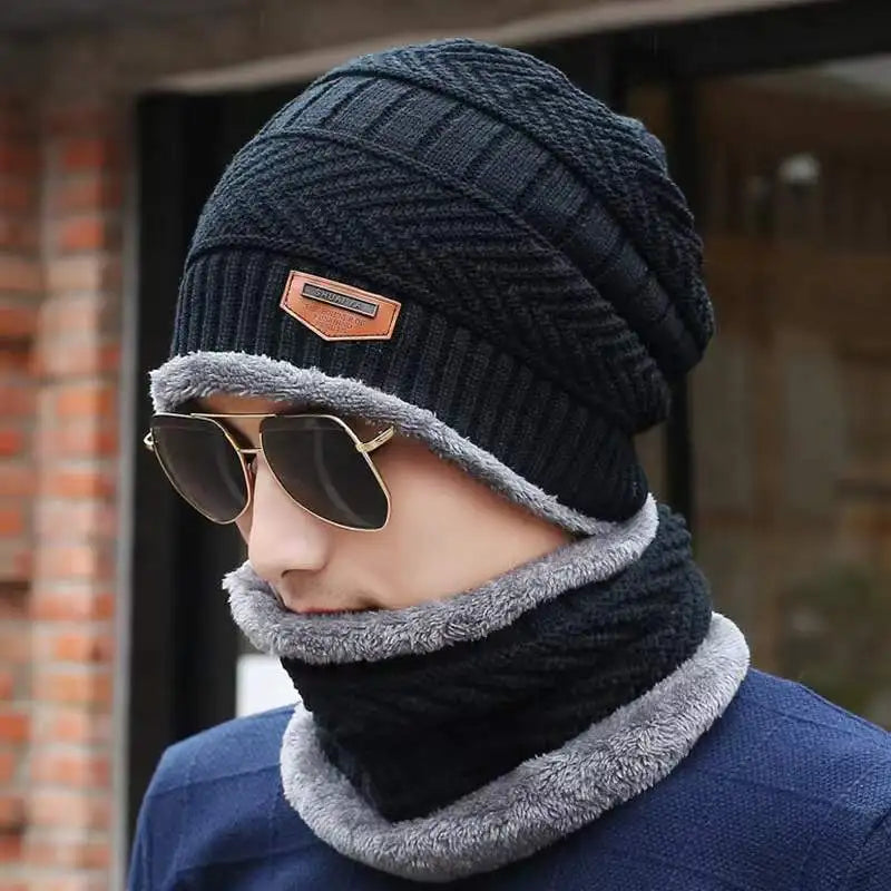 Ski Hat Men Warm Hats Neck Warm Winter Kitted Hat Set