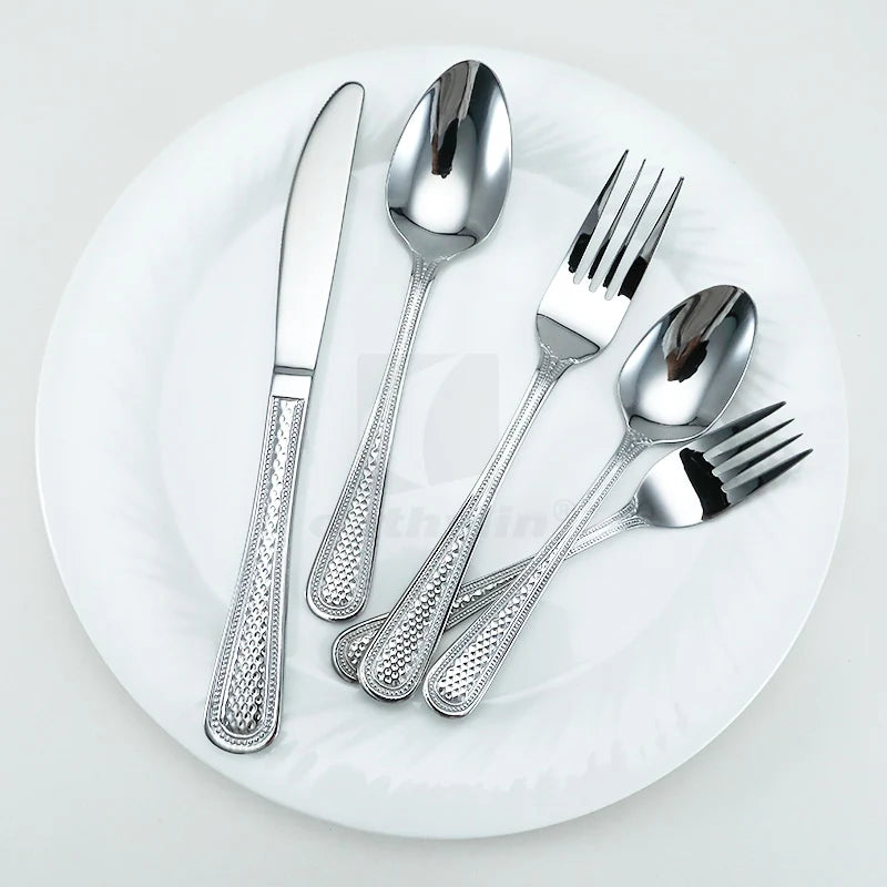5 PCS SUS304 Stainless Steel Flatware Set with Thick Fish Scale Water Ripple Pattern Handle for Restaurant & Party Eco-Friendly