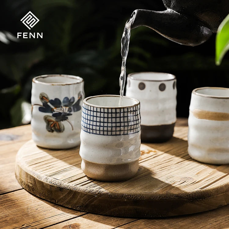 FENN Retro and Rustic Handmade Coffee Tea Cup Handcrafted Irregular Surface No Handle Pottery Clay Cup for Restaurant