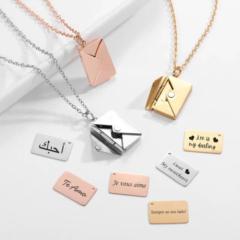 Zhongzhe Factory Envelope Pendant Necklace Custom Love Stainless Steel Jewelry Locket I Love You Valentine Day Mother Day Gift