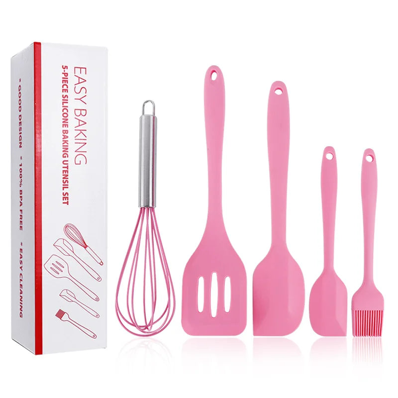 Hot Selling Heat Resistant Cooking Accessories Tools 5 Pcs Pink Food Grade Non Stick Silicone Kitchen Utensil Set