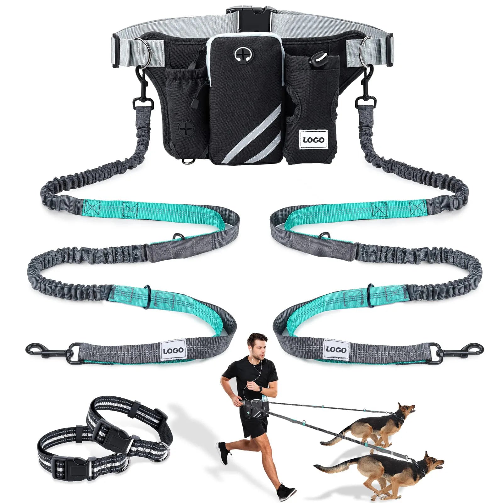 Hands Free Dog Leash With Adjustable Waist Belt and Pouch for Running Walking Training
