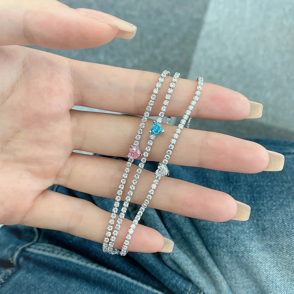 925 Sterling Silver Dainty Claw Setting Pink Zircon Heart Tennis Bracelet for Women Wholesale