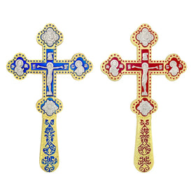 HT Handhold Crucifix Metal Crystal Inlay Jesus Blessing Cross Handmade Greek Orthodox Byzantine Gold Plated Holy Cross