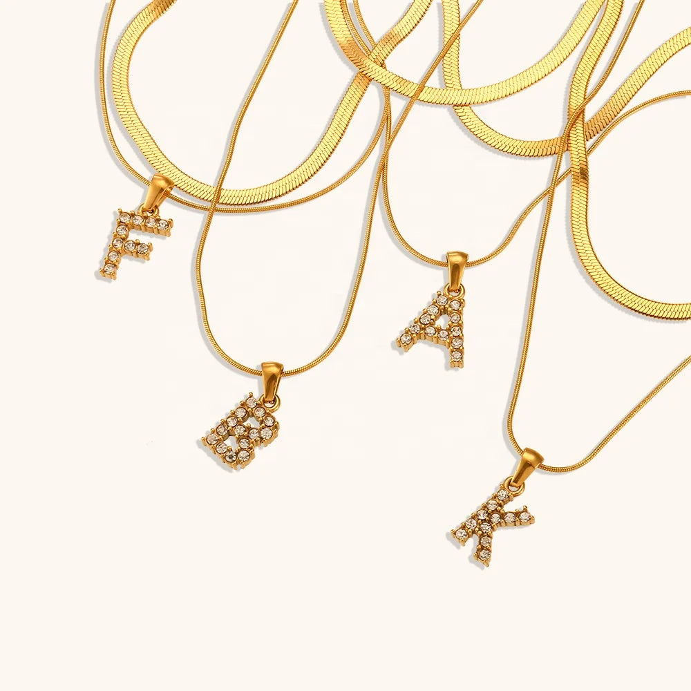 Dingran Double Layer Snake Chain Zircon Initial Letter Necklaces 18K PVD Gold Plated Stainless Steel Jewelry
