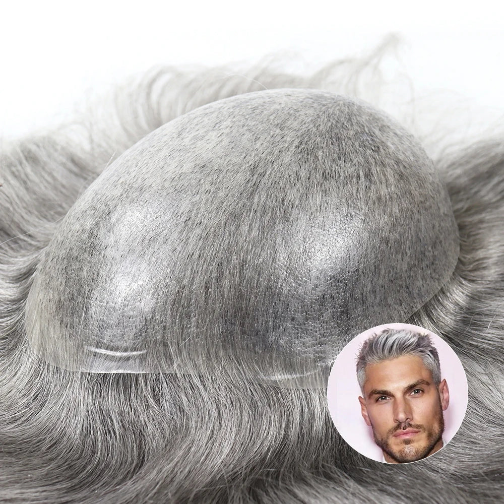 Hand-Injected 0.06mm Thin Skin Pu Toupee Knotless Hairline Realistic Scalp Looking 8-inch Long Hair Replacement System for Men