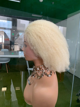 CF127 Blond 613# Afro Kinky Curl Full Lace Wig Human Hair for Alopecia Patients Pre Style Thin Skin for Braiding 8 Inches