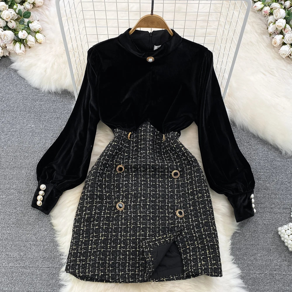 Boutique Wholesale 2024 Autumn New Style Retro Temperament Stand up Collar Splicing Waist Slimming A-line Women's Dress