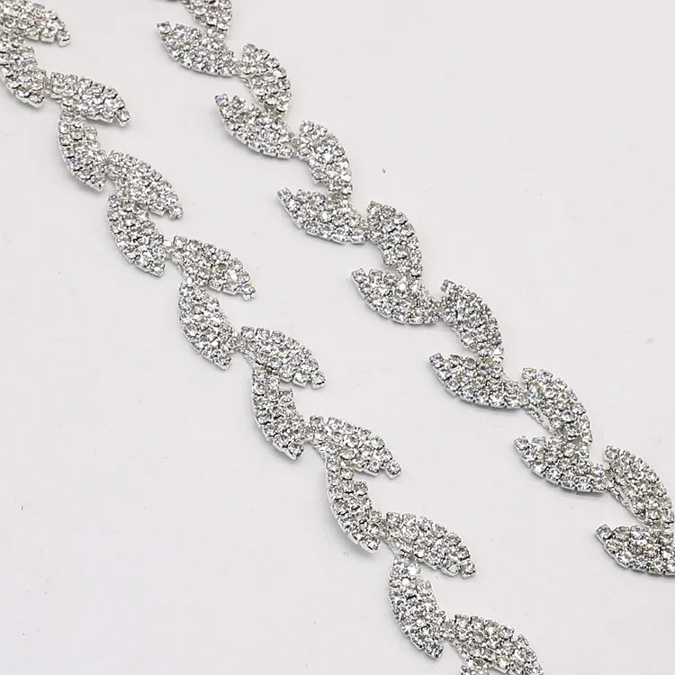JFRC042 Glitter Silver Crystal Rhinestone Leaf Chain Flower Shape Trim Applique for Wedding Dress Garment Shoes Bags