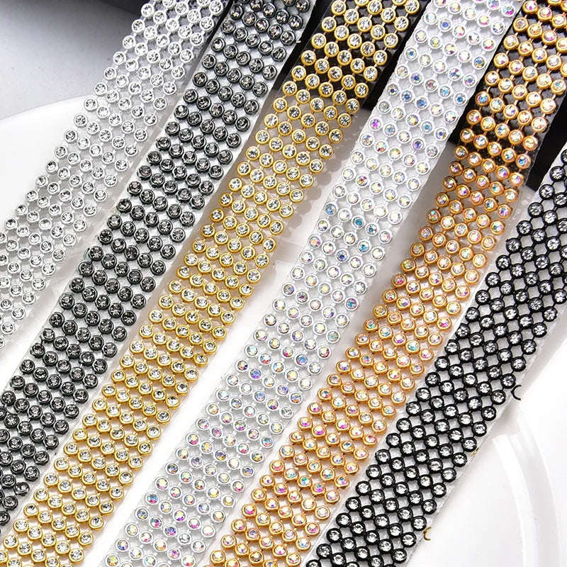 1.6cm Wide 3mm Aluminum Mesh Rhinestone Trim Crystal Glass Hot Melt Adhesive Ribbon DIY Wedding Clothes Home Decor Accessories