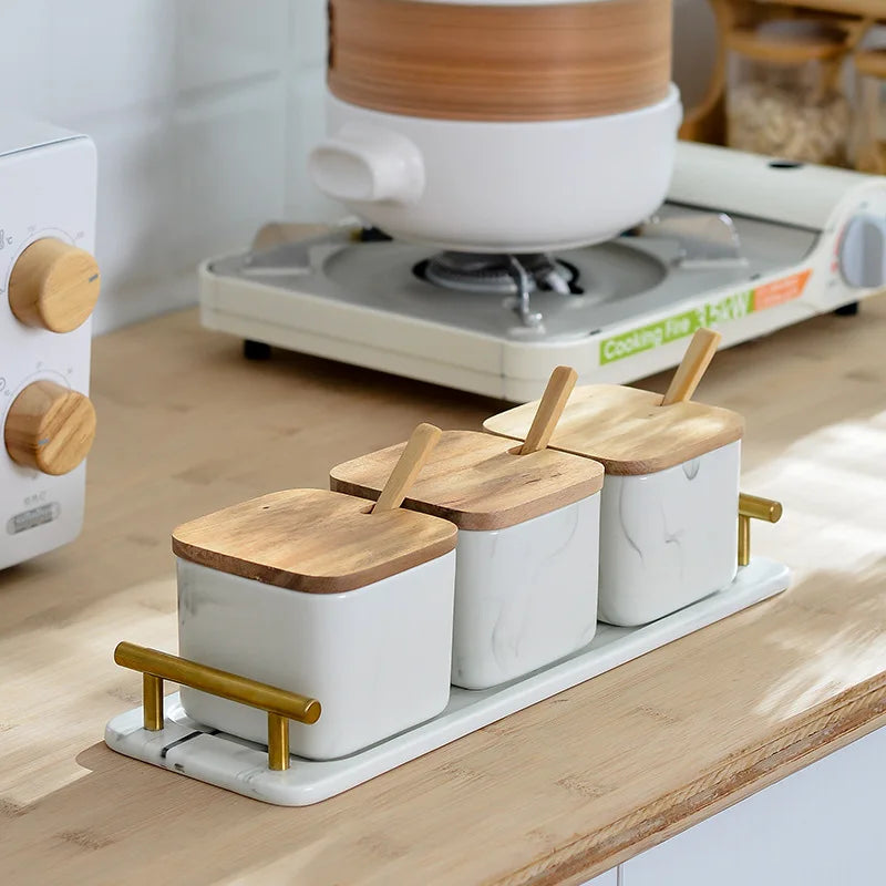 Ceramic Spice Jar Kitchen Supplies Three-Piece Seasoning Jar With Spoon Creative Home Ceramic Seasoning Jar