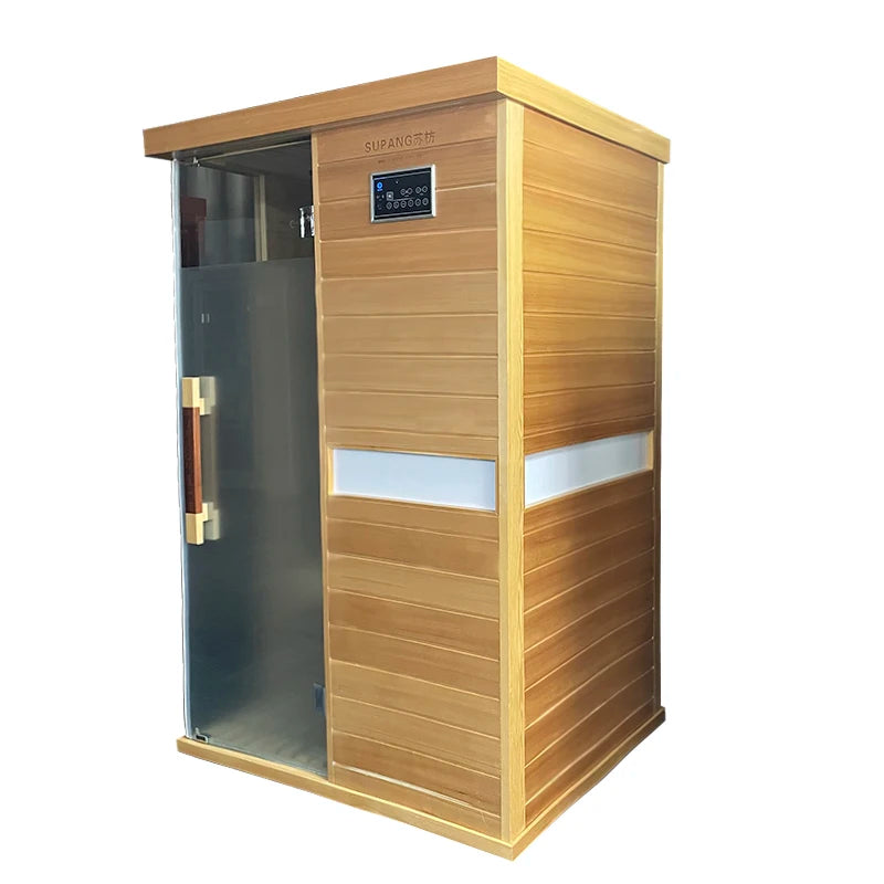 Hemlock Solid Wood Home Barrel Sauna Dry and Wet Steam Room with Far Infrared Electric Control Panel for Indoor Bath Relaxation