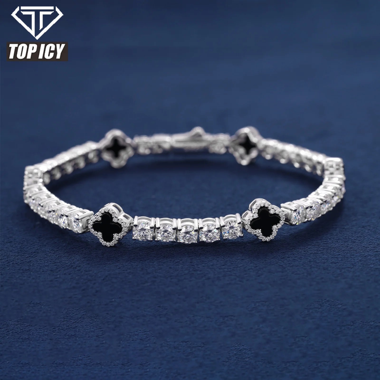 Hot Selling Design Black Clover Tennis Chain Luxury VVS D Moissanite 925 Sterling Silver Tennis Bracelet 4mm Hip Hop Jewelry