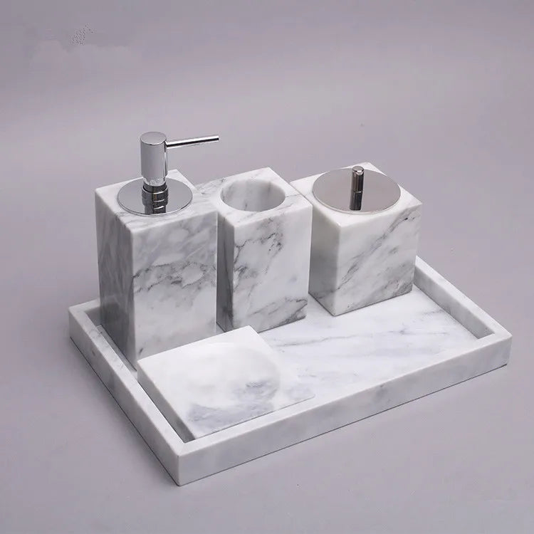 Factory Direct Luxury Bathroom Accessory Set Decorative Marble Shampoo Bottles Serving Tray Home Bathroom Marble Set