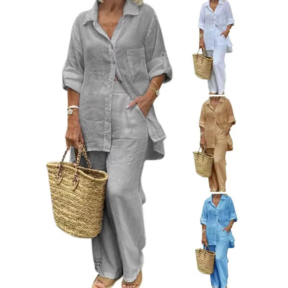 Boutique Wholesale 2026 Spring New Solid Color Polo Collar Long Sleeved Cardigan Top Casual Pants Women's Set