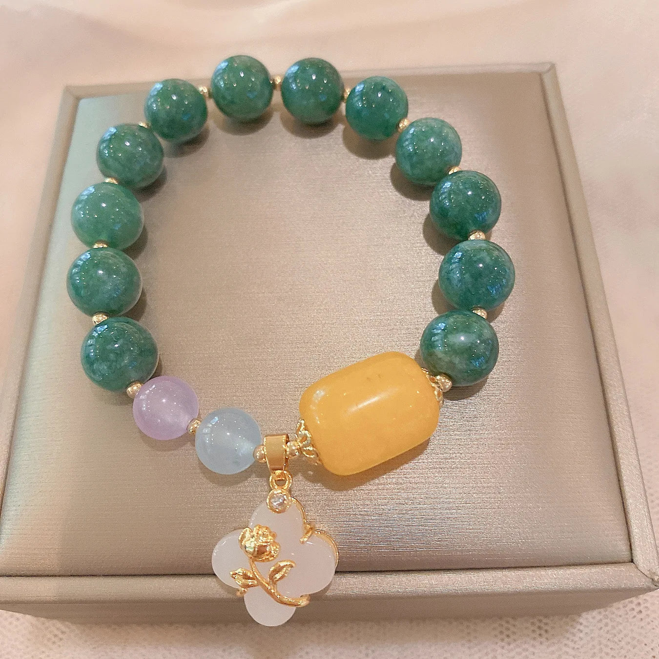 New Vintage Crystal Gemstone Elastic Natural Burmese Jade Beads Friendship Bracelets for Women and Girls