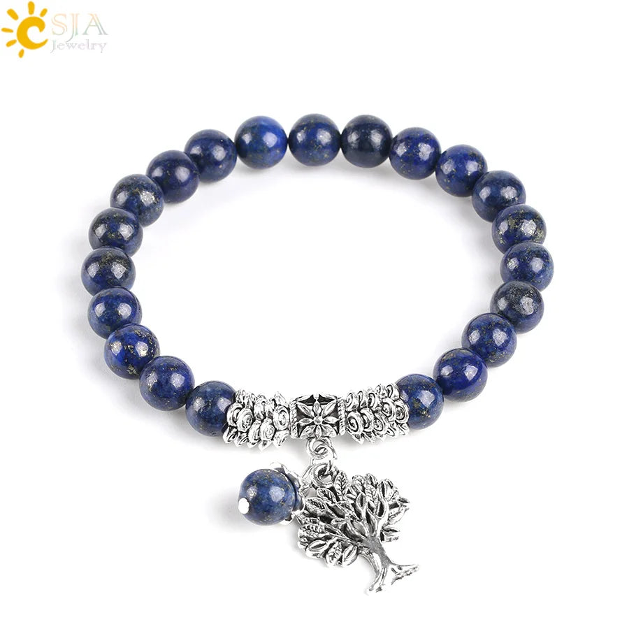 CSJA  Hot Natural Stone Lapis Lazuli Lucky Bead Stretch Life Tree Bracelet Healing Jewelry E747
