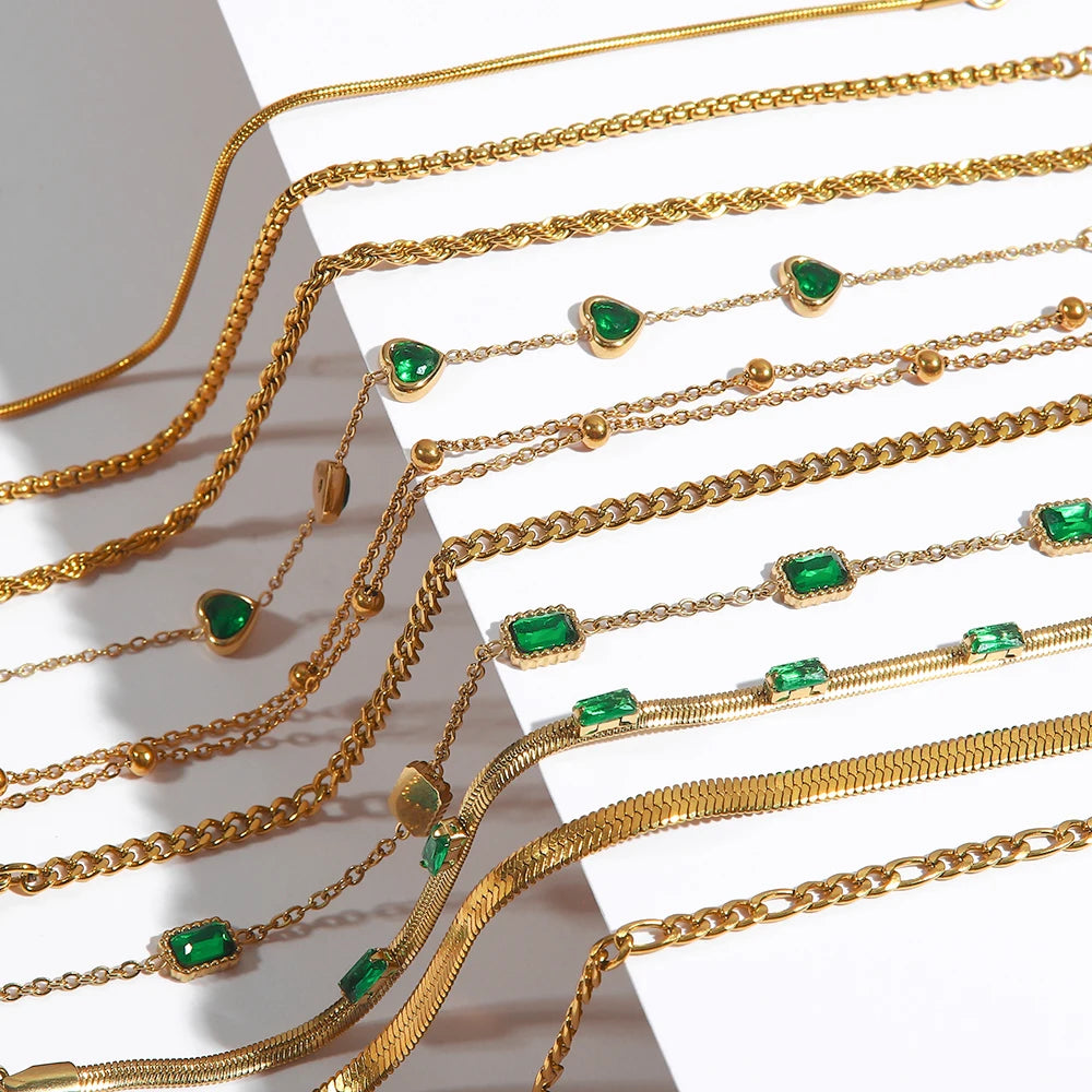 Minimalist Emerald Charms Green Zircon Jewelry Herringbone Band Twist Bracelet Figaro Chain Bracelet MegaBDM
