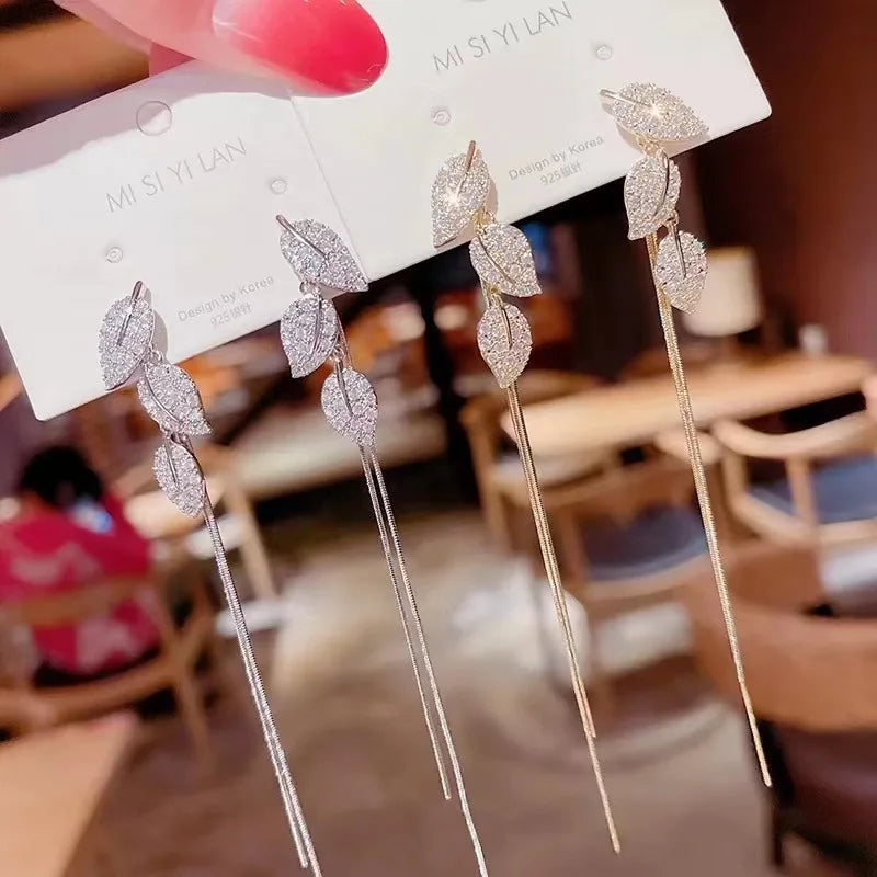 Full Crystal Long Tassel Earrings Leaf Leaves  New Fashion Design Female Stud Earrings