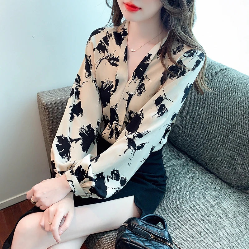 1139# Floral Blouse Women Turn-down Collar Long Sleeve Fashion Casual Blouses Elegant Lady Office Work Shirts Tops