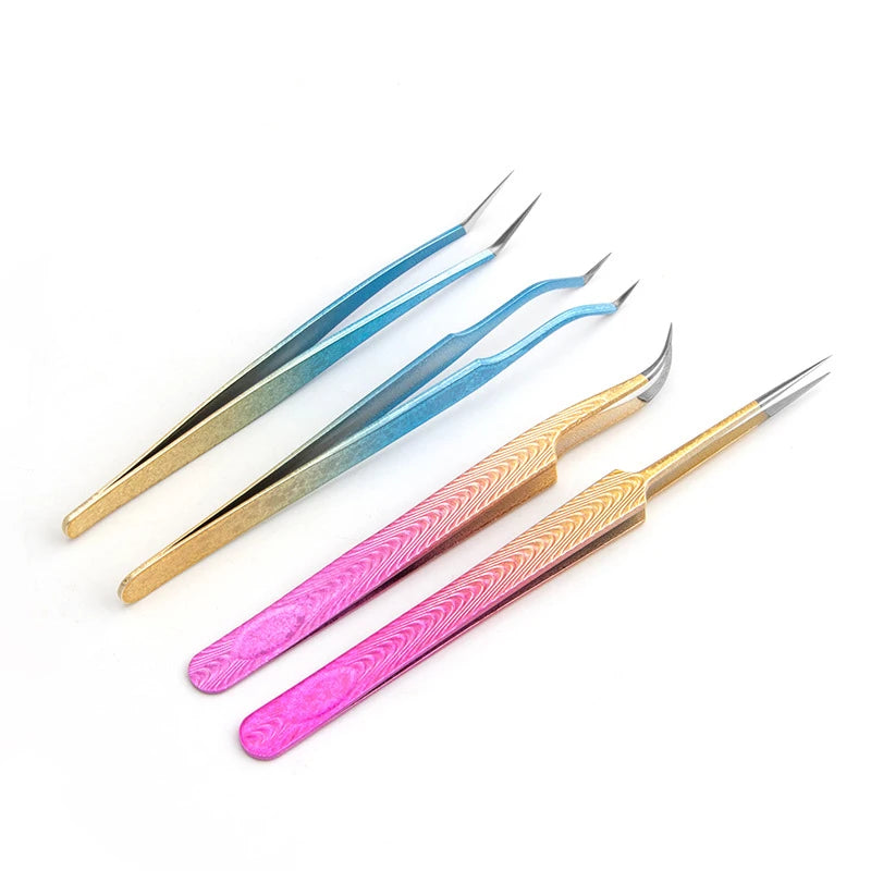 High Quality Gradient Stainless Steel Volume Eyelash Tweezers Custom Logo Fiber Tip Extension 90 Degree Custom Lash Tweezers