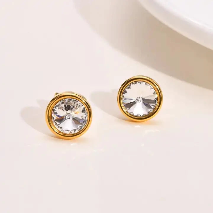 ERESI Wholesale Earrings Waterproof 18k Gold Plated Stainless Steel Jewelry Circle White Cubic Zirconia Stud Earrings for Girls